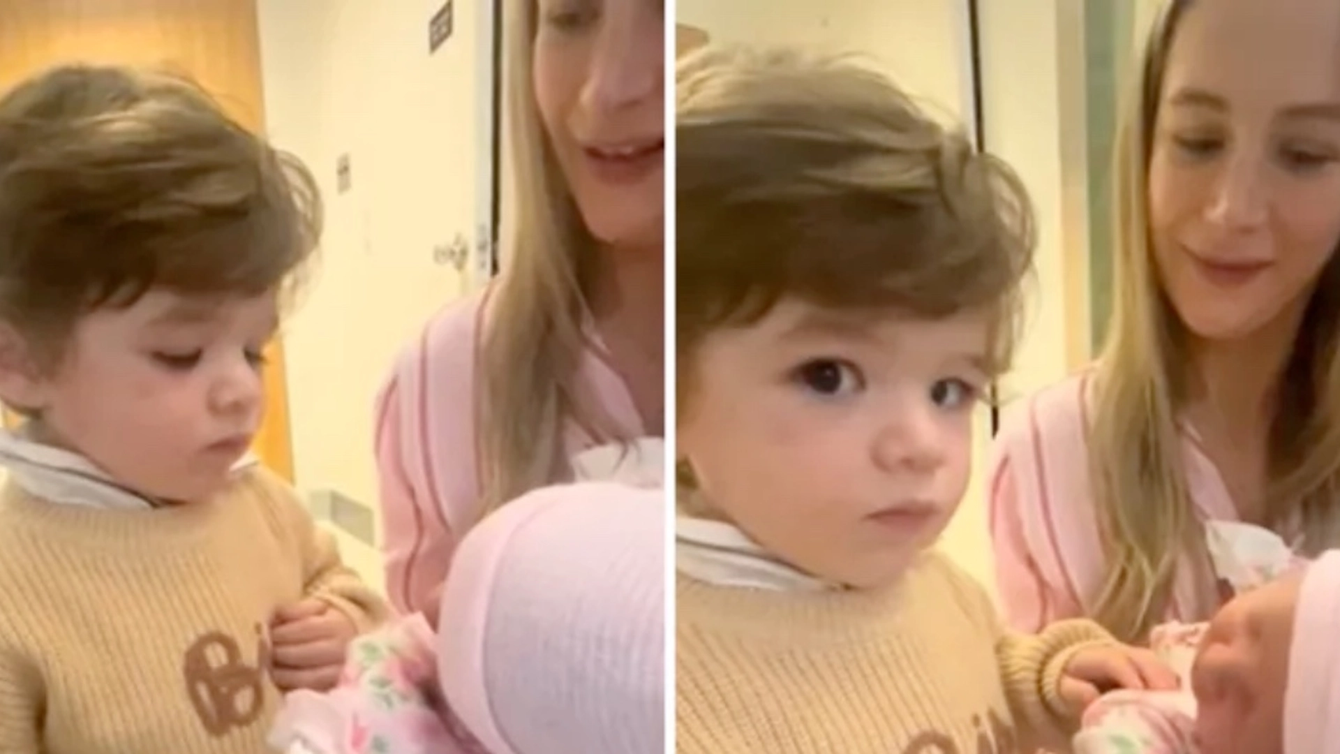 Lille dreng møder sin lillesøster for første gang – forældrene bliver meget forvirrede over hans reaktion