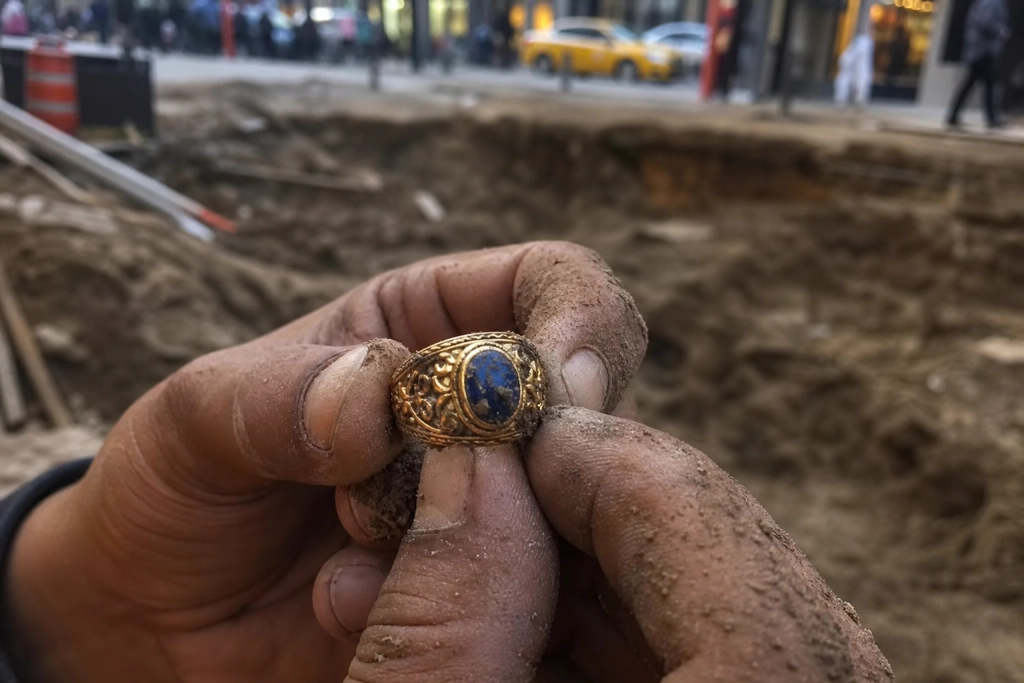 De gravede bare et drænrør i en norsk by - og ramte en 800 år gammel guldring med blå sten gemt 7 centimeter under gaden