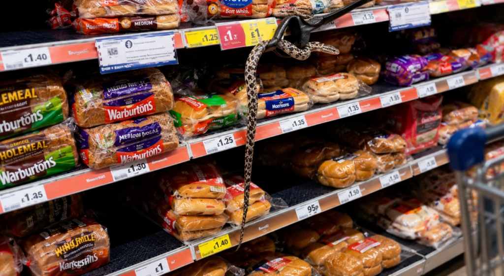 Kunde gør makabert fund mellem brødet i supermarkedet: Slange lå og ventede på hylden
